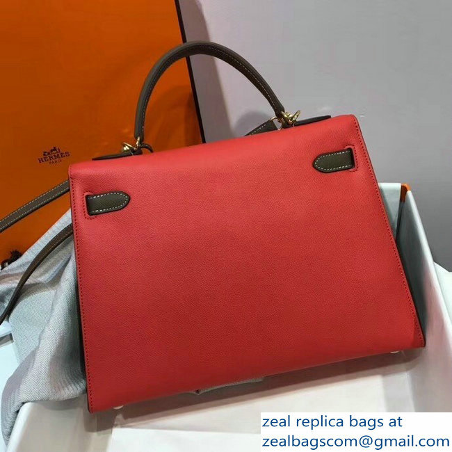 Hermes Bicolor Kelly 32cm Bag in Epsom Leather Red/Etoupe 2018