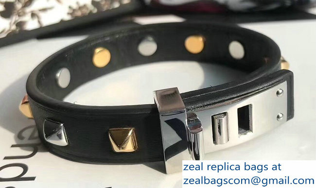 Hermes Mini Dog Clous Carres Bracelet Black/Silver - Click Image to Close
