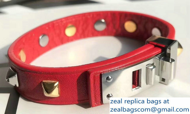 Hermes Mini Dog Clous Carres Bracelet Red/Silver - Click Image to Close