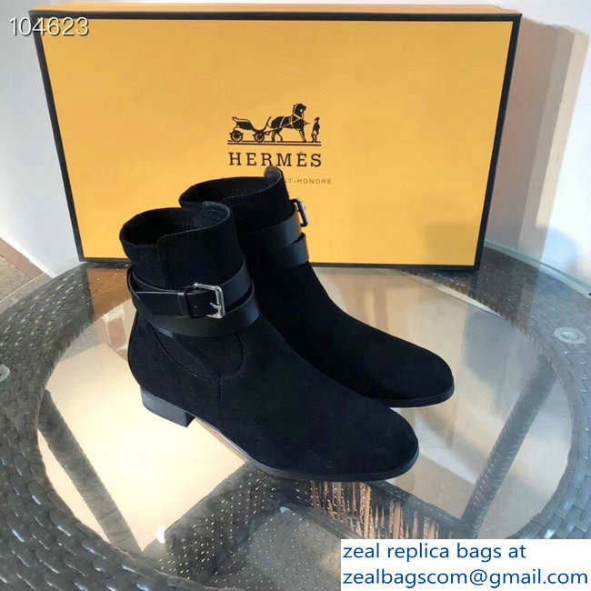 Hermes Soria/Songe Ankle Boots Suede Black with Wrap-Around Strap 2018