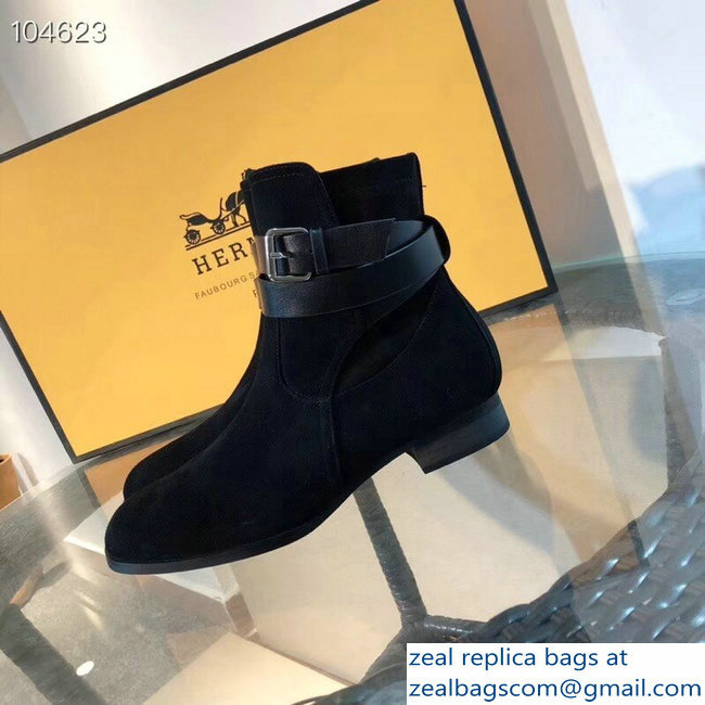 Hermes Soria/Songe Ankle Boots Suede Black with Wrap-Around Strap 2018