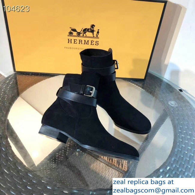 Hermes Soria/Songe Ankle Boots Suede Black with Wrap-Around Strap 2018