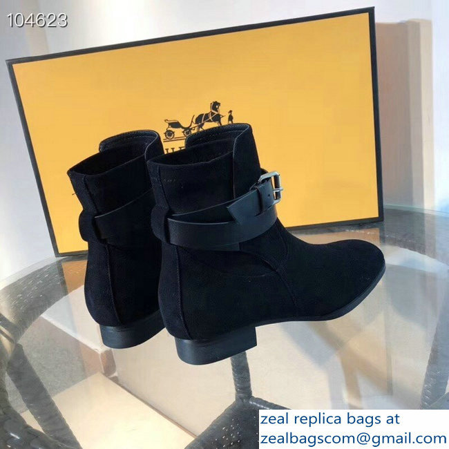 Hermes Soria/Songe Ankle Boots Suede Black with Wrap-Around Strap 2018