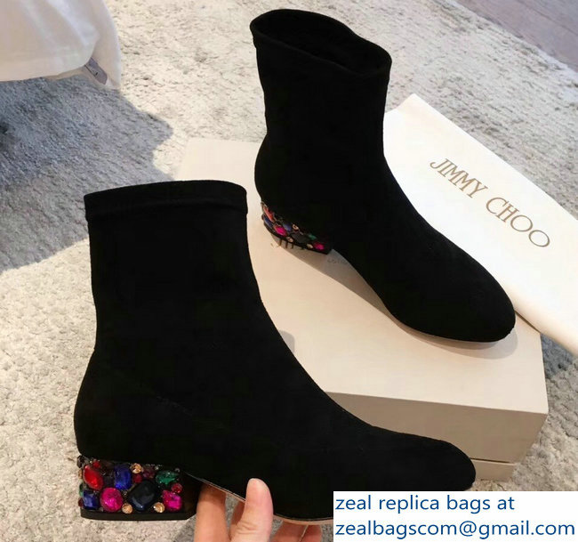 Jimmy Choo Crystals Heel 4cm Suede Stretch Ankle Boots Black 2018 - Click Image to Close