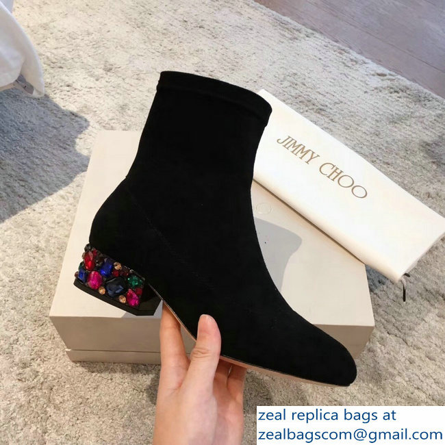 Jimmy Choo Crystals Heel 4cm Suede Stretch Ankle Boots Black 2018 - Click Image to Close
