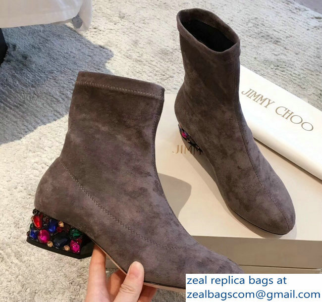 Jimmy Choo Crystals Heel 4cm Suede Stretch Ankle Boots Gray 2018 - Click Image to Close