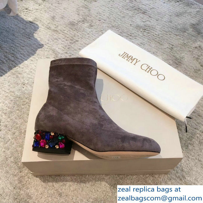 Jimmy Choo Crystals Heel 4cm Suede Stretch Ankle Boots Gray 2018 - Click Image to Close