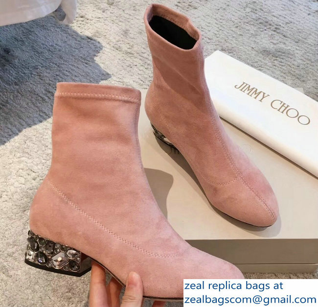 Jimmy Choo Crystals Heel 4cm Suede Stretch Ankle Boots Nude Pink 2018 - Click Image to Close