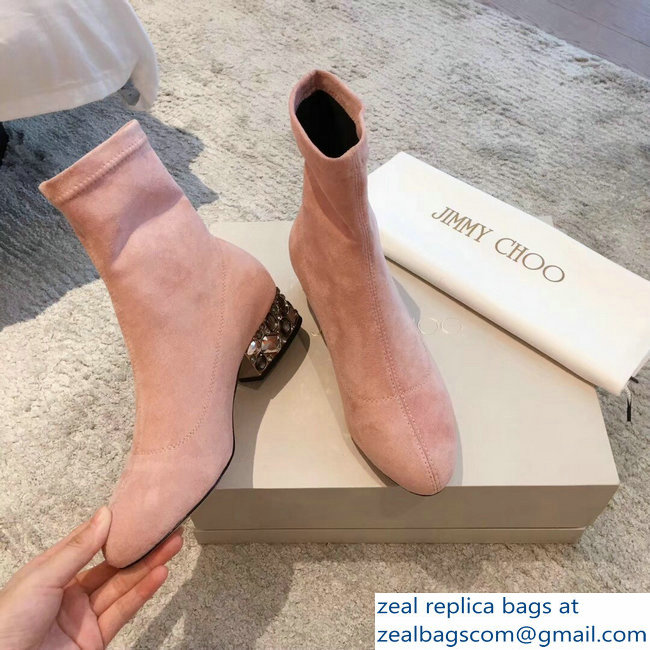 Jimmy Choo Crystals Heel 4cm Suede Stretch Ankle Boots Nude Pink 2018 - Click Image to Close