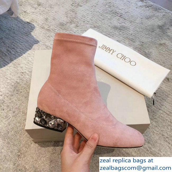 Jimmy Choo Crystals Heel 4cm Suede Stretch Ankle Boots Nude Pink 2018 - Click Image to Close