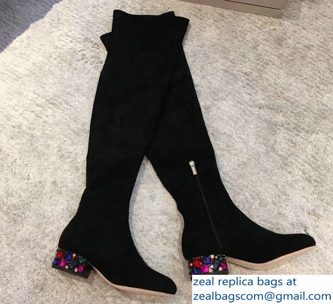 Jimmy Choo Crystals Heel 4cm Suede Stretch High Boots Black 2018