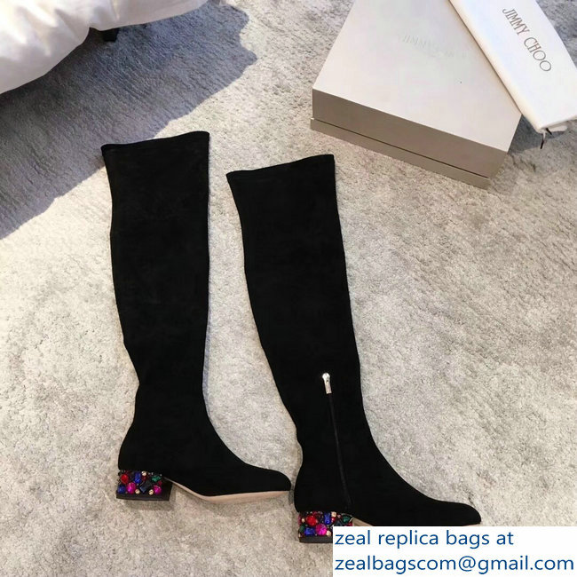 Jimmy Choo Crystals Heel 4cm Suede Stretch High Boots Black 2018 - Click Image to Close