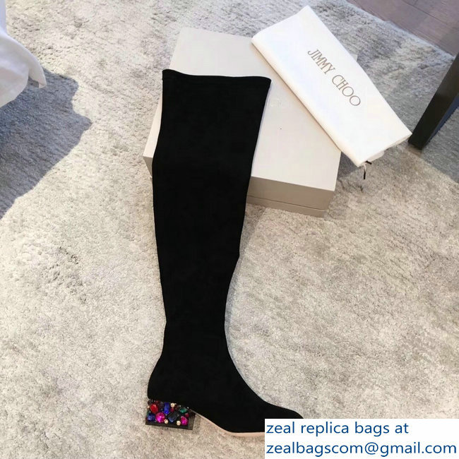 Jimmy Choo Crystals Heel 4cm Suede Stretch High Boots Black 2018