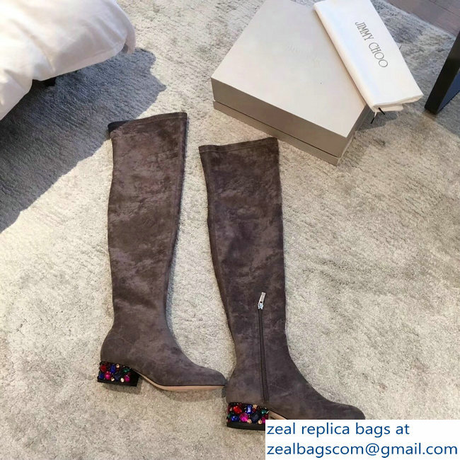 Jimmy Choo Crystals Heel 4cm Suede Stretch High Boots Gray 2018 - Click Image to Close