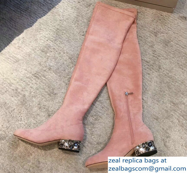 Jimmy Choo Crystals Heel 4cm Suede Stretch High Boots Nude Pink 2018 - Click Image to Close