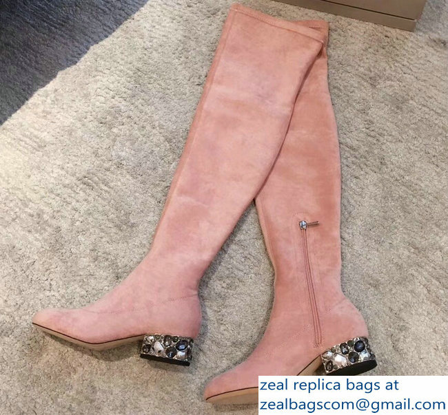 Jimmy Choo Crystals Heel 4cm Suede Stretch High Boots Nude Pink 2018