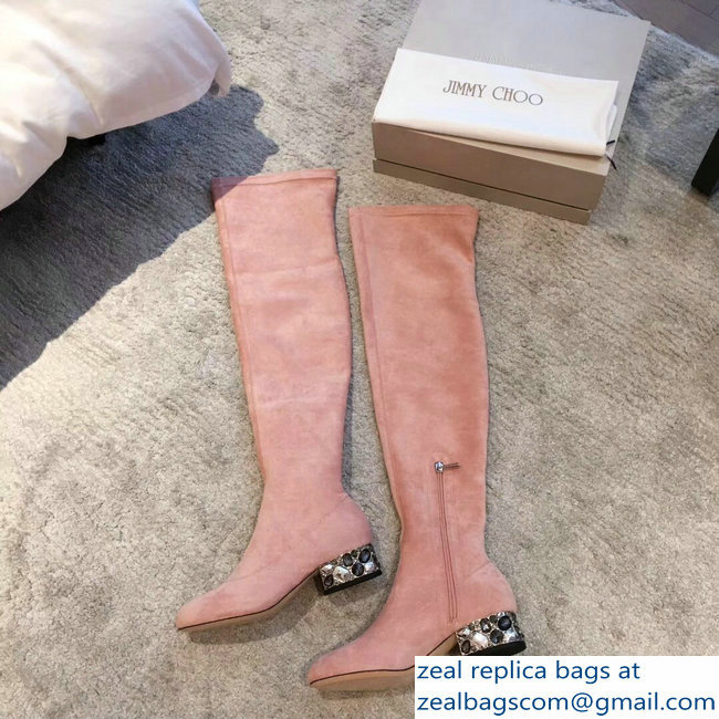 Jimmy Choo Crystals Heel 4cm Suede Stretch High Boots Nude Pink 2018