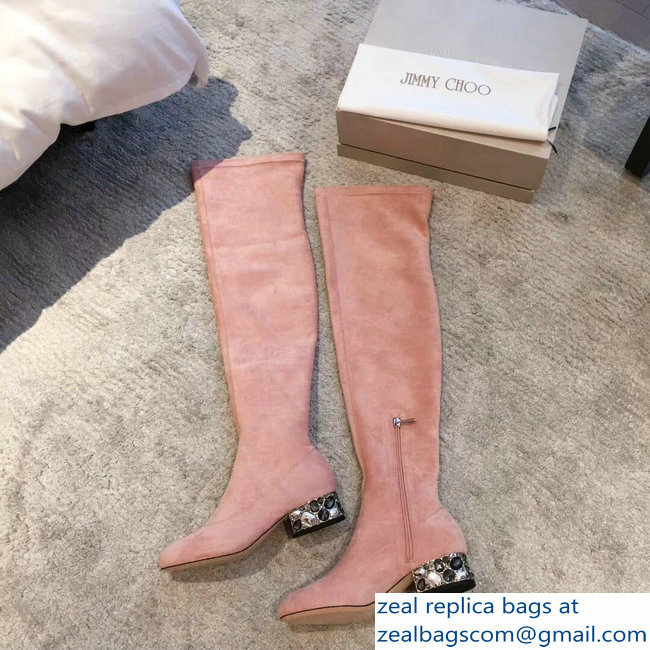 Jimmy Choo Crystals Heel 4cm Suede Stretch High Boots Nude Pink 2018 - Click Image to Close