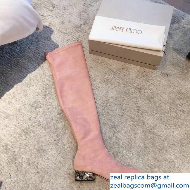 Jimmy Choo Crystals Heel 4cm Suede Stretch High Boots Nude Pink 2018