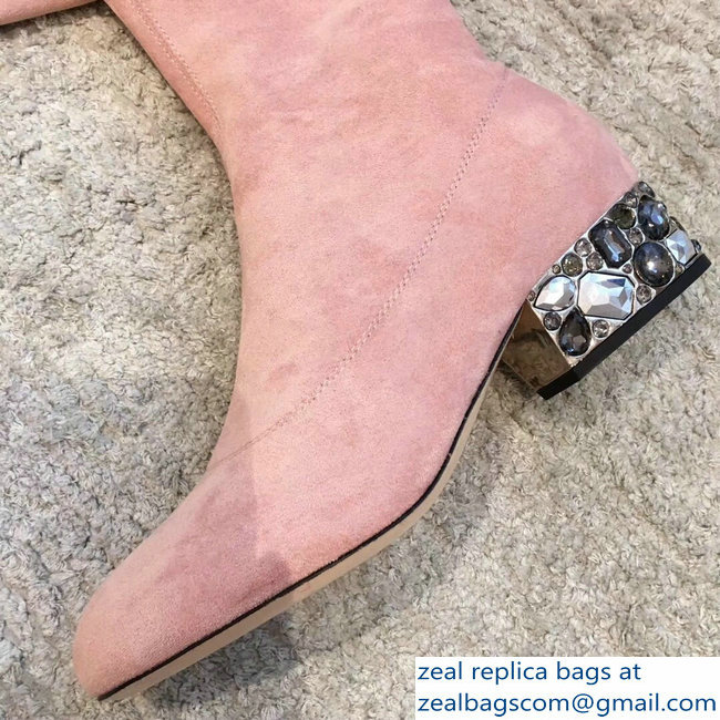 Jimmy Choo Crystals Heel 4cm Suede Stretch High Boots Nude Pink 2018 - Click Image to Close