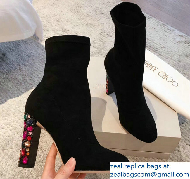 Jimmy Choo Crystals Heel 9.5cm Suede Stretch Ankle Boots Black 2018