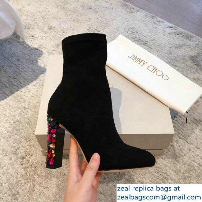 Jimmy Choo Crystals Heel 9.5cm Suede Stretch Ankle Boots Black 2018 - Click Image to Close