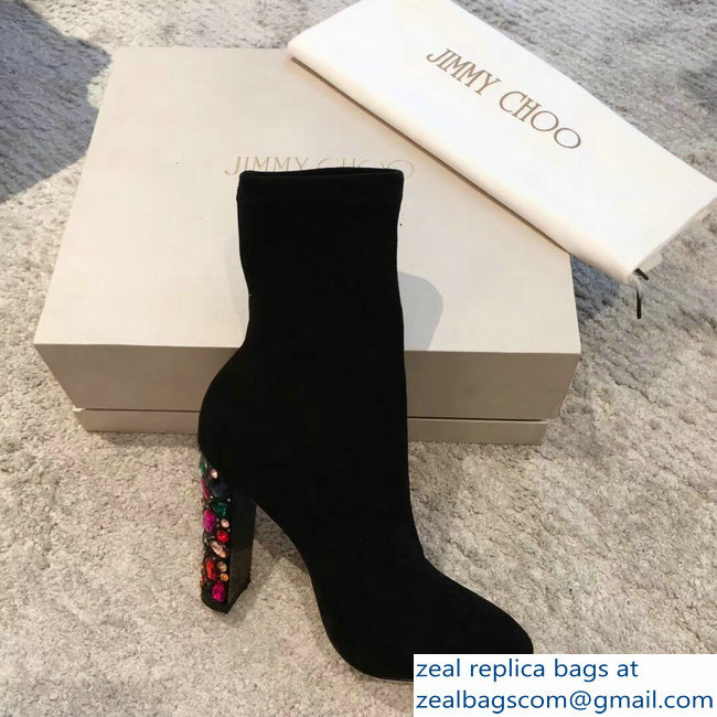 Jimmy Choo Crystals Heel 9.5cm Suede Stretch Ankle Boots Black 2018