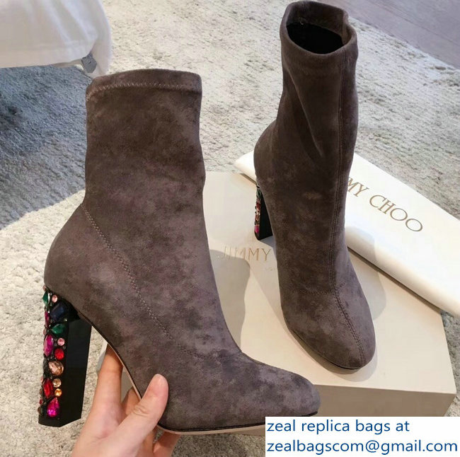 Jimmy Choo Crystals Heel 9.5cm Suede Stretch Ankle Boots Gray 2018 - Click Image to Close