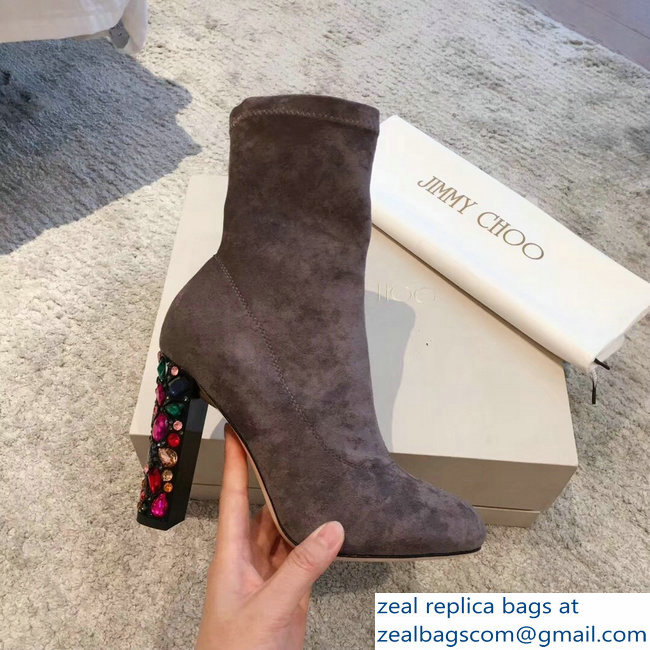 Jimmy Choo Crystals Heel 9.5cm Suede Stretch Ankle Boots Gray 2018 - Click Image to Close