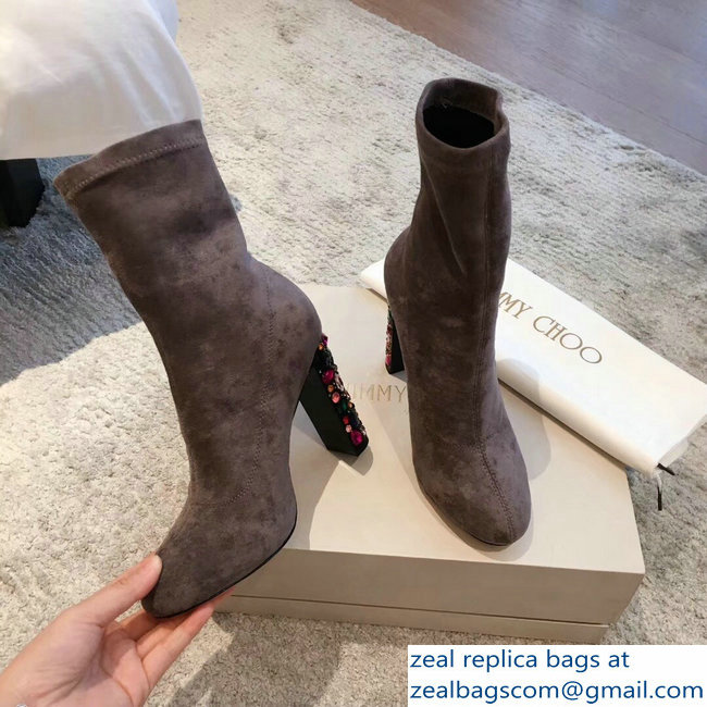 Jimmy Choo Crystals Heel 9.5cm Suede Stretch Ankle Boots Gray 2018 - Click Image to Close