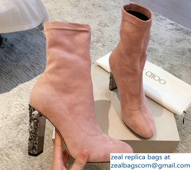 Jimmy Choo Crystals Heel 9.5cm Suede Stretch Ankle Boots Nude Pink 2018