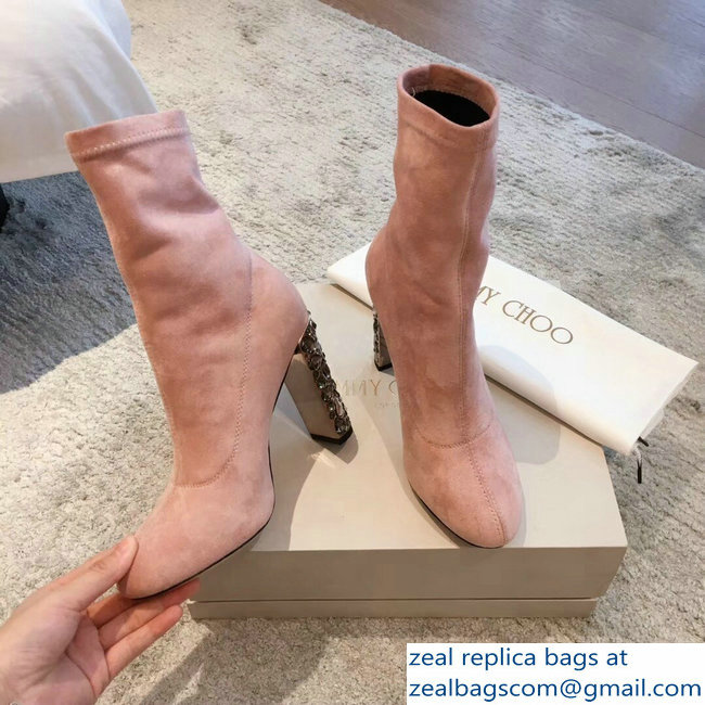 Jimmy Choo Crystals Heel 9.5cm Suede Stretch Ankle Boots Nude Pink 2018