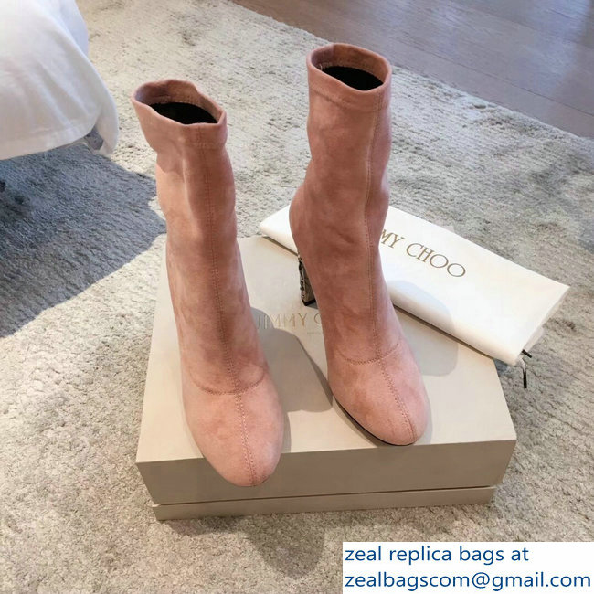 Jimmy Choo Crystals Heel 9.5cm Suede Stretch Ankle Boots Nude Pink 2018
