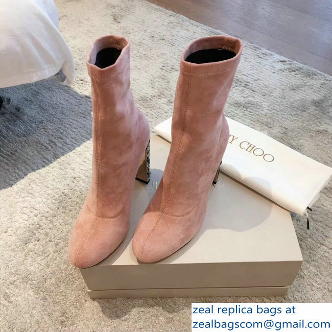 Jimmy Choo Crystals Heel 9.5cm Suede Stretch Ankle Boots Nude Pink 2018 - Click Image to Close