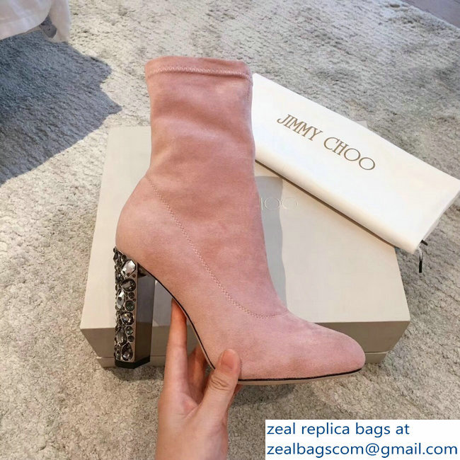 Jimmy Choo Crystals Heel 9.5cm Suede Stretch Ankle Boots Nude Pink 2018 - Click Image to Close