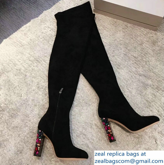 Jimmy Choo Crystals Heel 9.5cm Suede Stretch High Boots Black 2018 - Click Image to Close