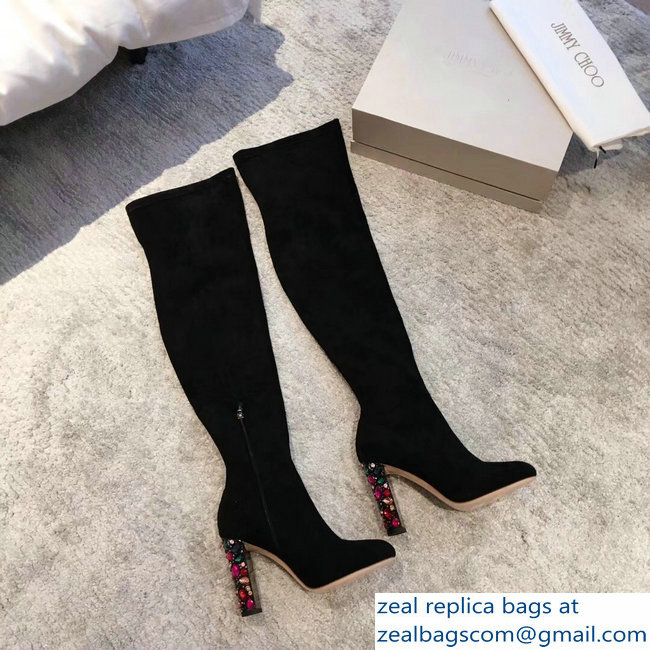 Jimmy Choo Crystals Heel 9.5cm Suede Stretch High Boots Black 2018