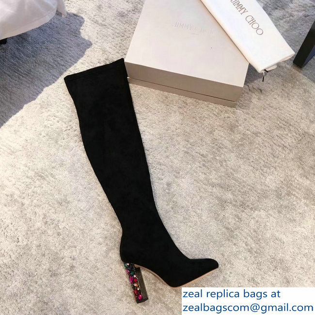 Jimmy Choo Crystals Heel 9.5cm Suede Stretch High Boots Black 2018 - Click Image to Close