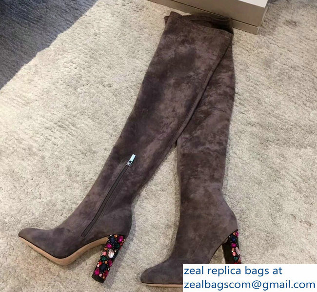 Jimmy Choo Crystals Heel 9.5cm Suede Stretch High Boots Gray 2018