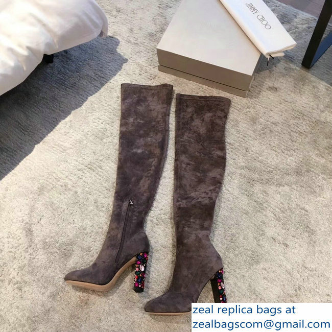 Jimmy Choo Crystals Heel 9.5cm Suede Stretch High Boots Gray 2018 - Click Image to Close