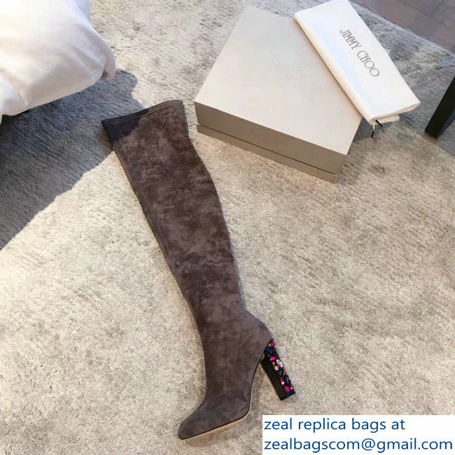 Jimmy Choo Crystals Heel 9.5cm Suede Stretch High Boots Gray 2018 - Click Image to Close