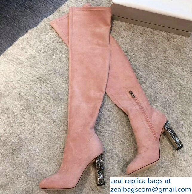 Jimmy Choo Crystals Heel 9.5cm Suede Stretch High Boots Nude Pink 2018 - Click Image to Close