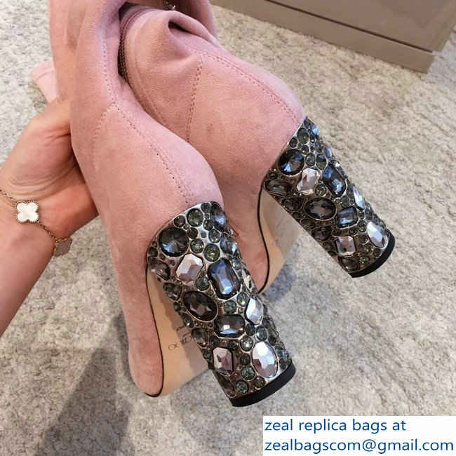 Jimmy Choo Crystals Heel 9.5cm Suede Stretch High Boots Nude Pink 2018 - Click Image to Close