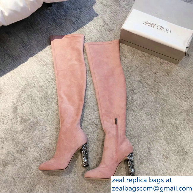 Jimmy Choo Crystals Heel 9.5cm Suede Stretch High Boots Nude Pink 2018