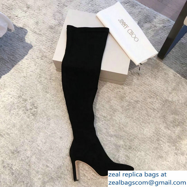 Jimmy Choo Heel 9.5cm Suede Stretch High Boots Black 2018