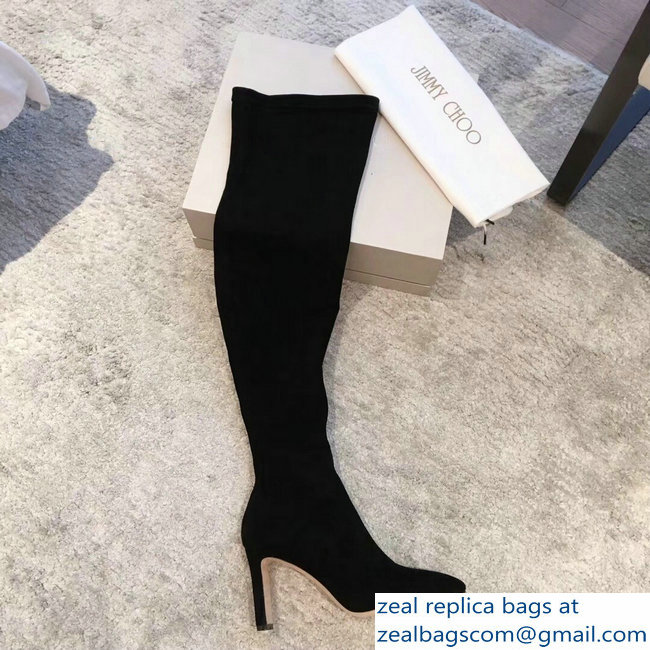 Jimmy Choo Heel 9.5cm Suede Stretch High Boots Black 2018 - Click Image to Close