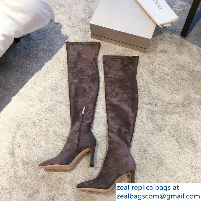 Jimmy Choo Heel 9.5cm Suede Stretch High Boots Gray 2018