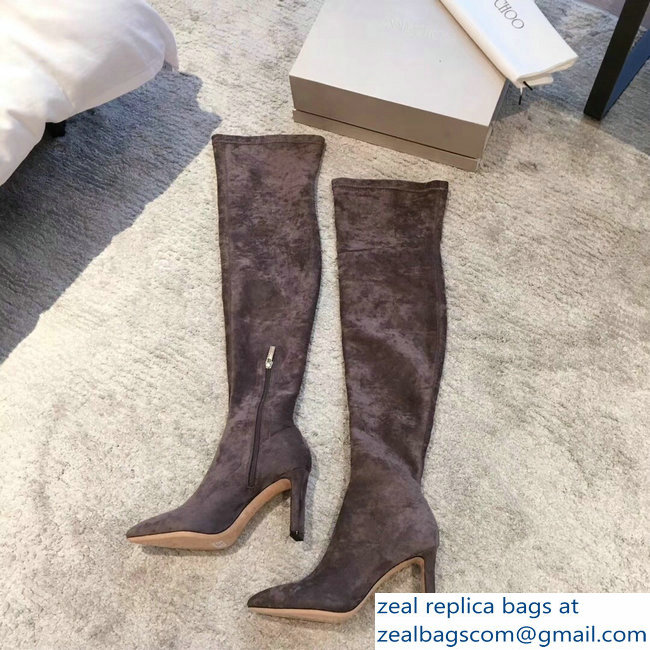 Jimmy Choo Heel 9.5cm Suede Stretch High Boots Gray 2018 - Click Image to Close