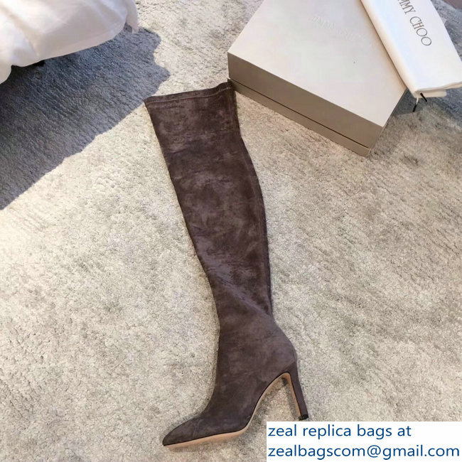 Jimmy Choo Heel 9.5cm Suede Stretch High Boots Gray 2018 - Click Image to Close