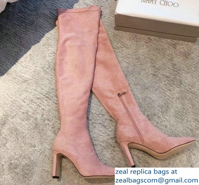 Jimmy Choo Heel 9.5cm Suede Stretch High Boots Nude Pink 2018 - Click Image to Close